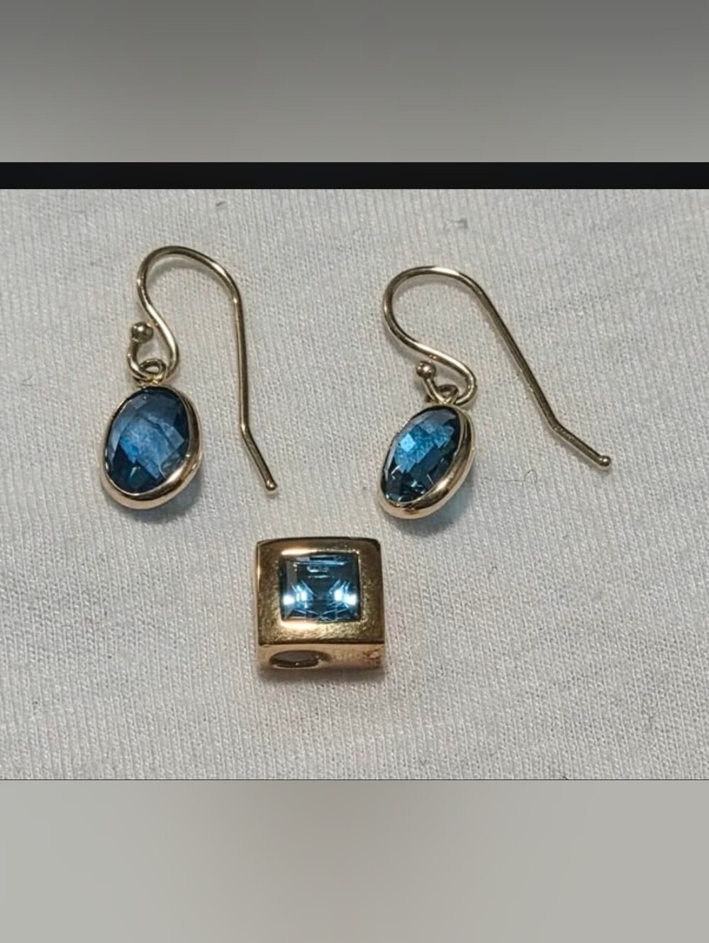 14K solid yellow gold drop earrings London blue topaz earrings & pendant
